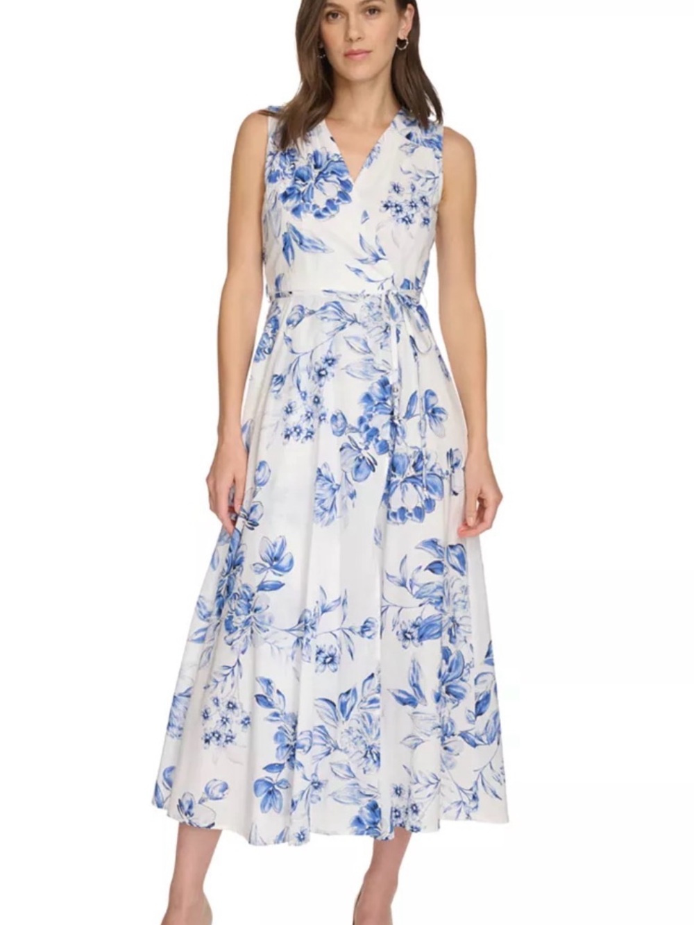 Calvin Klein Sleeveless White & Blue Floral Faux Wrap Maxi Dress